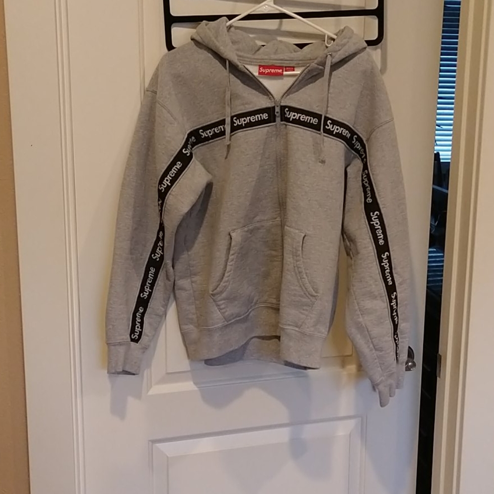 Mens Supreme Text Stripe Zip Up Hoodie